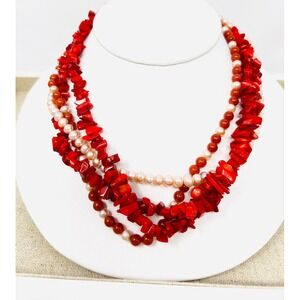 Red Coral Carnelian & Freshwater Pearl Multi-Strand 925 Statement Necklace